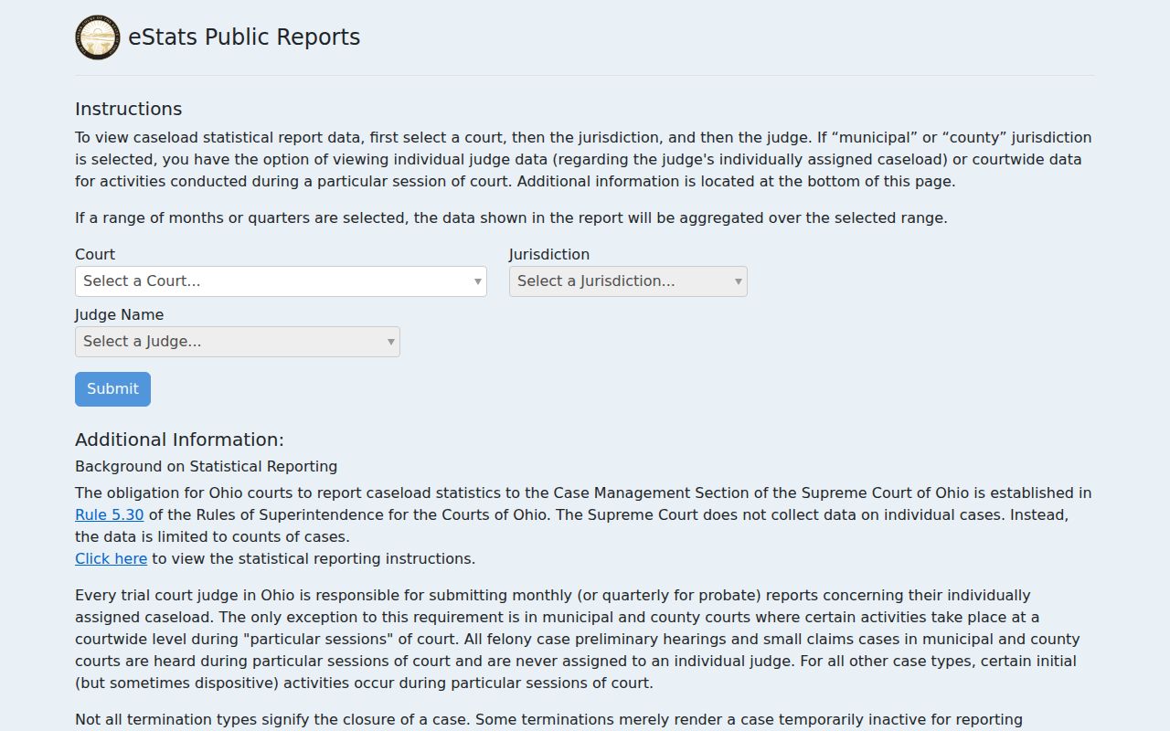 Delaware County civil court dockets and Ohio public eStats reports interface