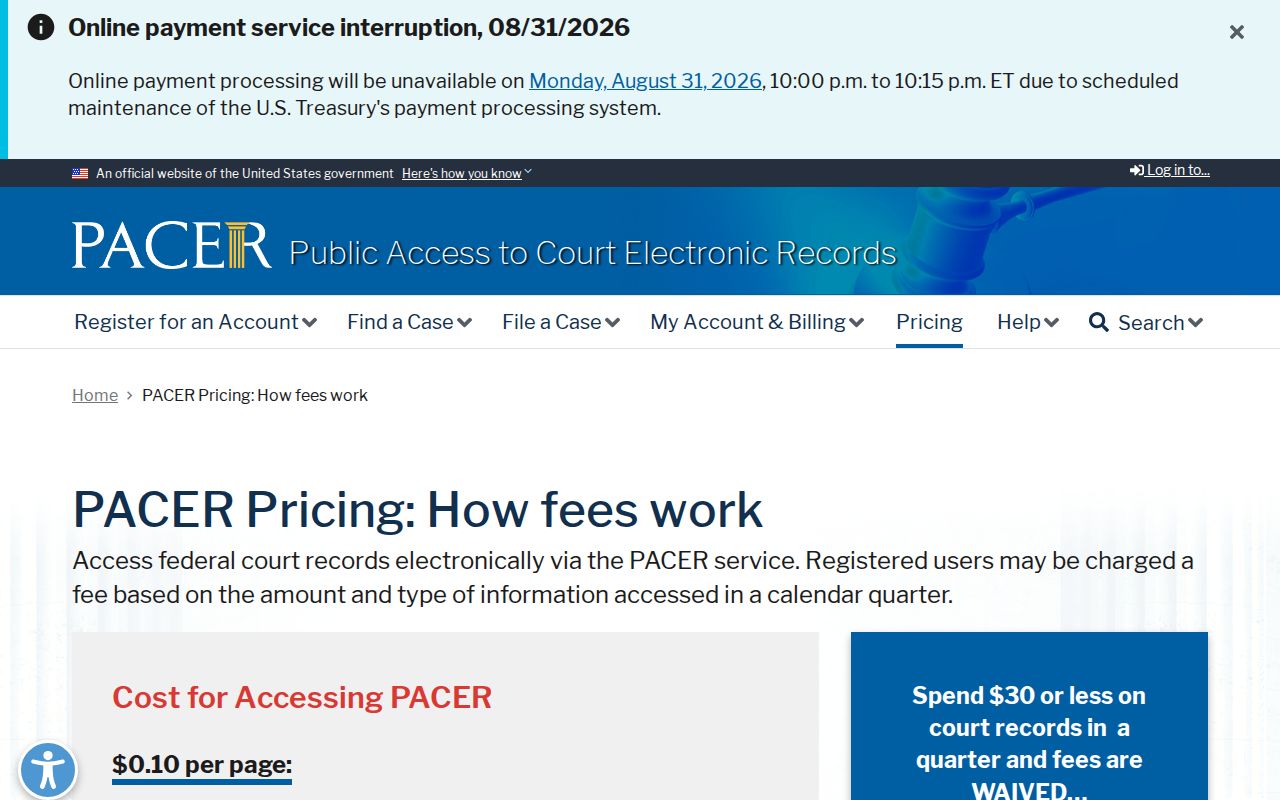 Delaware County court case records record type and current PACER pricing